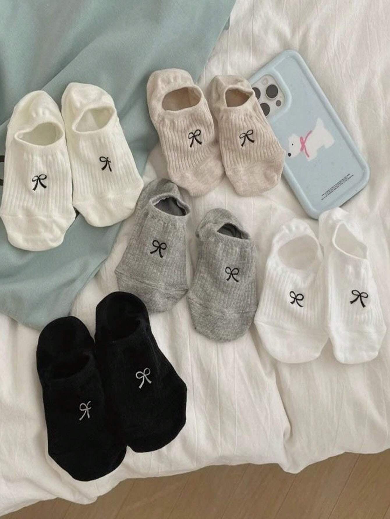 5Pairs Women Sweet Bowknot Simple Boat Socks Invisible Socks