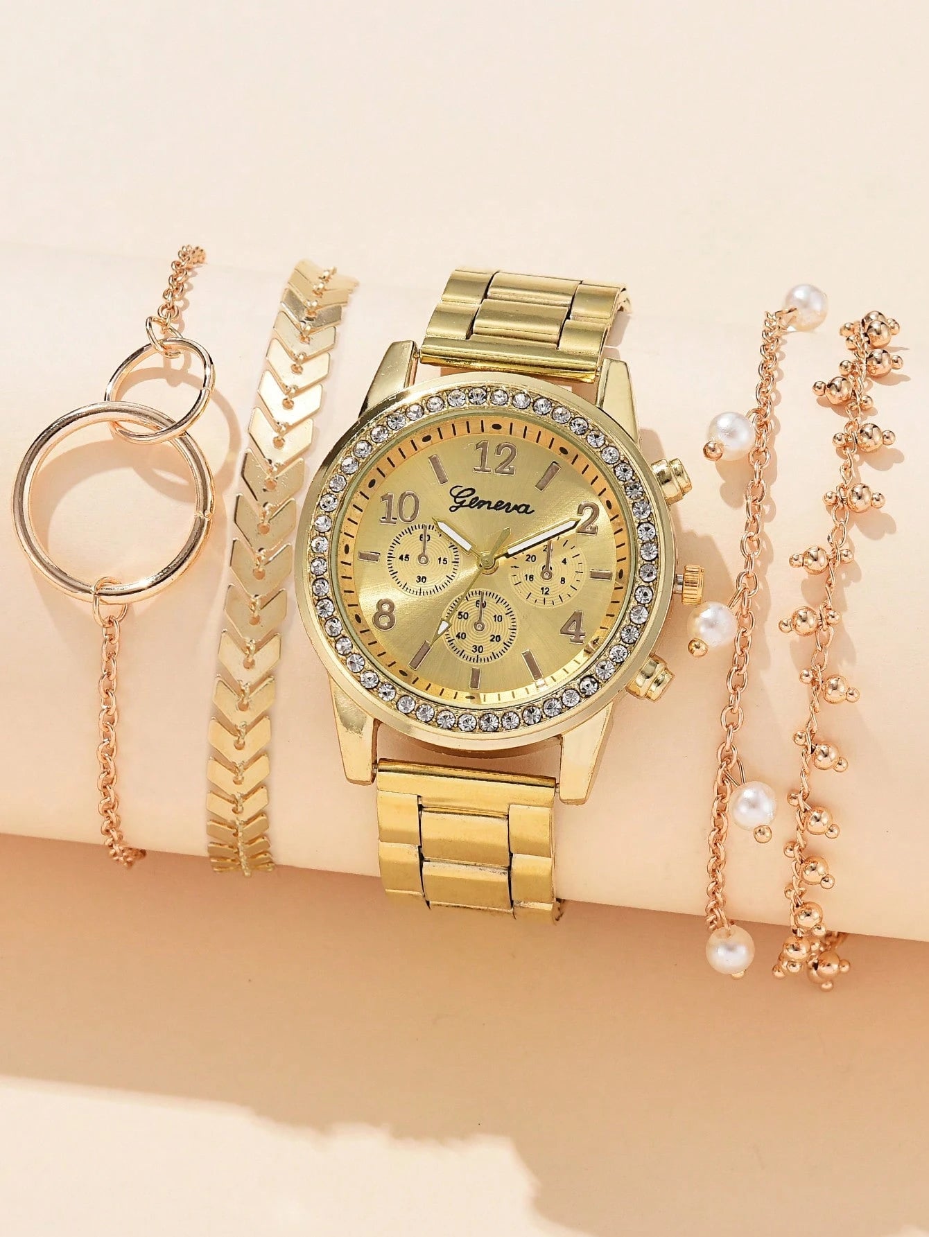 1Pc Ladies Watch Gold Watch Rhinestone Decor Quartz Watch & 4Pcs Bracelet Holiday