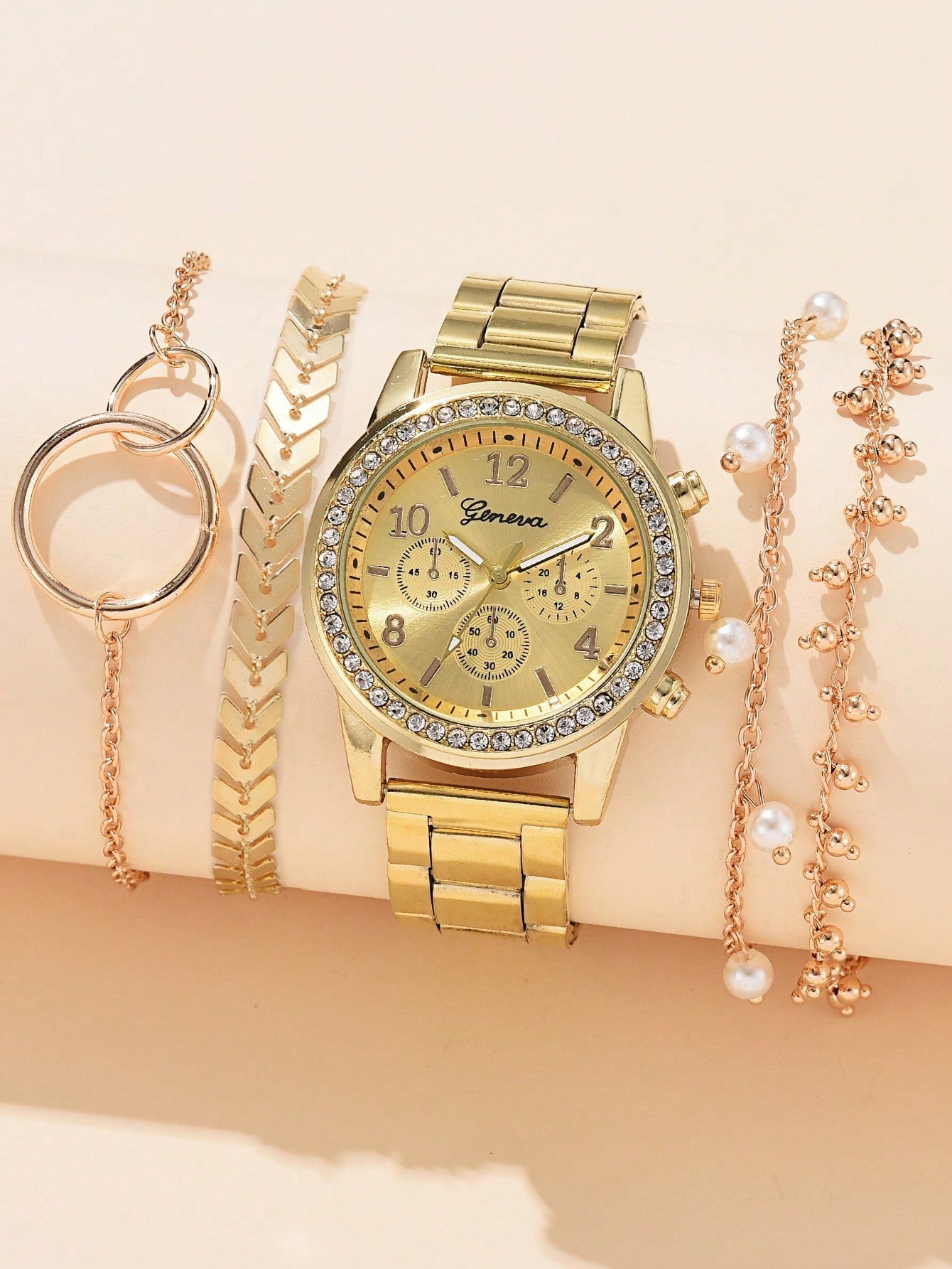 1Pc Ladies Watch Gold Watch Rhinestone Decor Quartz Watch & 4Pcs Bracelet Holiday