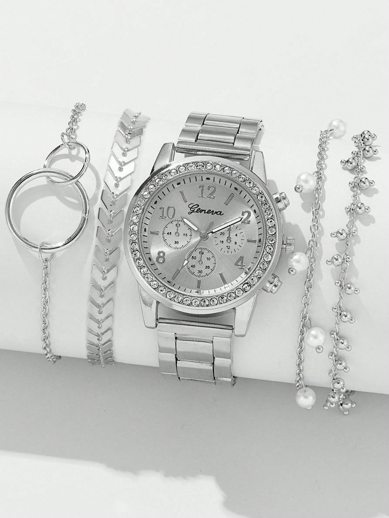 1Pc Ladies Watch Rhinestone Decor Quartz Watch & 4Pcs Bracelet Holiday