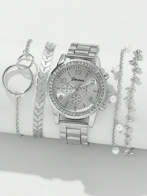 1Pc Ladies Watch Rhinestone Decor Quartz Watch & 4Pcs Bracelet Holiday