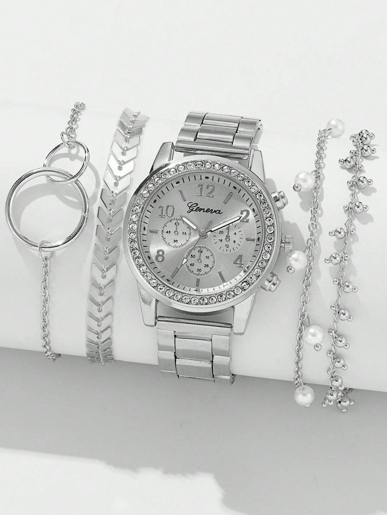 1Pc Ladies Watch Rhinestone Decor Quartz Watch & 4Pcs Bracelet Holiday