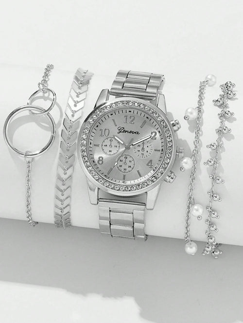 1Pc Ladies Watch Rhinestone Decor Quartz Watch & 4Pcs Bracelet Holiday